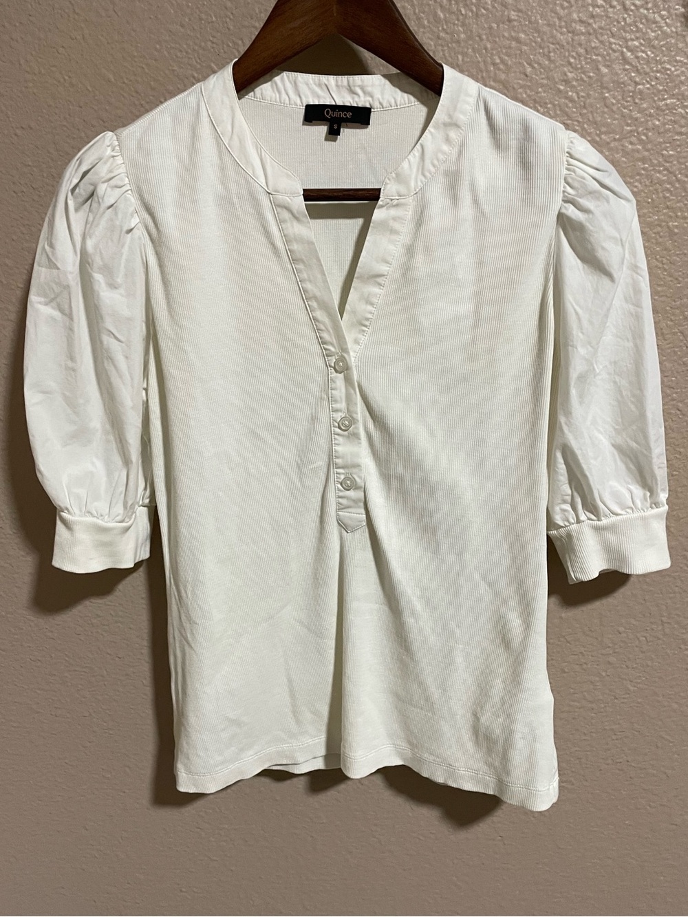 Quince Cream Puff-Sleeve Henley Blouse